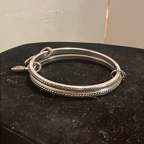 Two 8” silver tone double diamond etched bangle bracelets with 1” charms - Picture 8 of 14